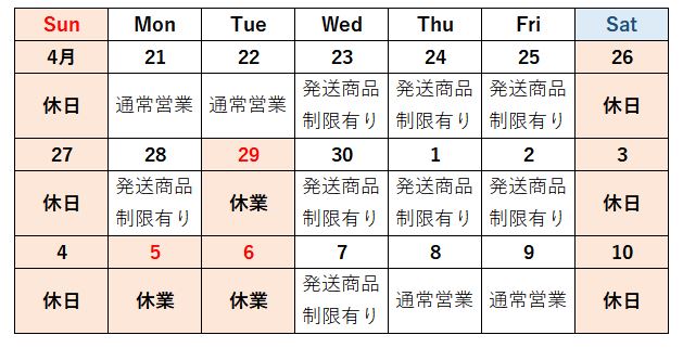 発送日カレンダー